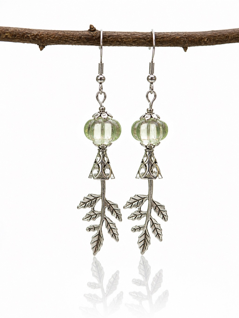 Green Glass Leaf Drop Earrings Silver Boho Nature Dangle